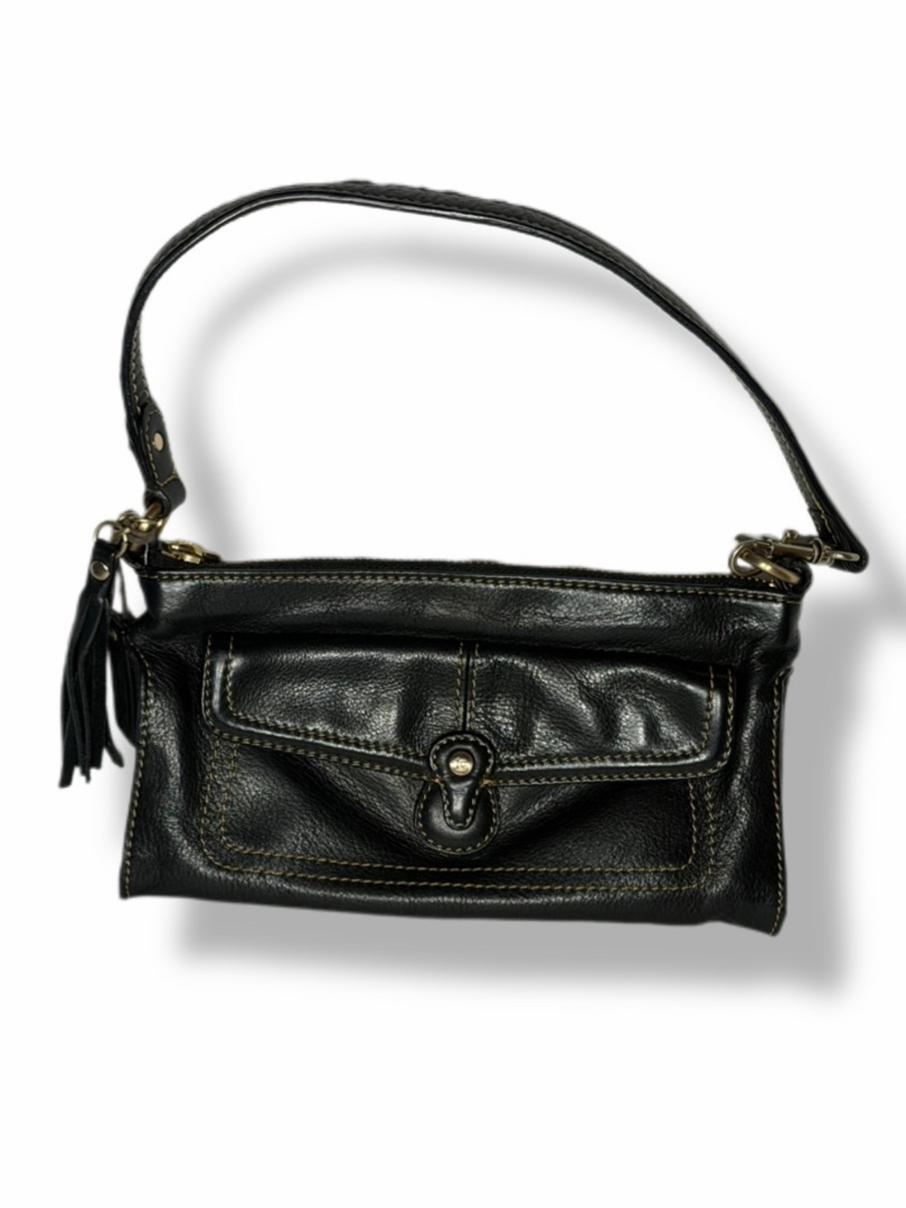 Liz Claiborne Black Leather Y2K Baguette Shoulder Bag Tassel